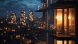 © horizon - Modern apartment building at deep night, illuminated balconies, floor-to-ceiling windows, city lights bokeh background, urban skyline, dark sky, twinkling lights.