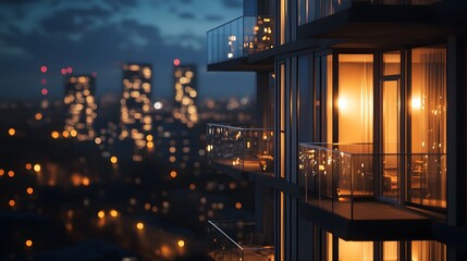 Modern apartment building at deep night, illuminated balconies, floor-to-ceiling windows, city lights bokeh background, urban skyline, dark sky, twinkling lights.