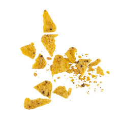 Wall Mural - the pile of nacho chips crumbs, tortilla mexican corn chips grain isolated on a transparent background, grunge textured graphic element