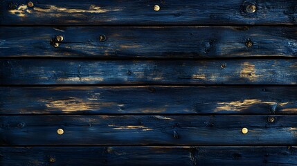 Navy blue weathered wood planks, rustic texture, distressed finish, horizontal wooden boards, rich deep blue hues, golden knots and grain patterns, aged appearance.