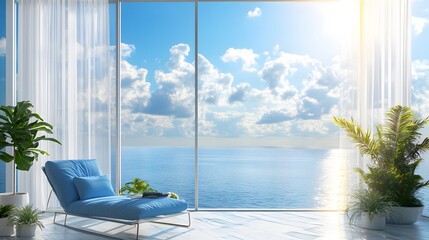 Wall Mural - Oceanfront balcony view, floor-to-ceiling glass window, azure blue sky, fluffy white clouds, sparkling turquoise sea, sun reflection on water, modern lounge chair with blue cushions.