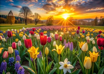 Wall Mural - Vibrant tulips, daffodils, and hyacinths bloom against a warm sunset backdrop, casting a golden glow on the lush green meadow, creating a stunning spring scene.