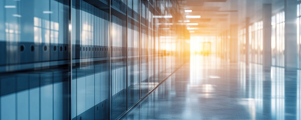 Poster - A large, empty room with a lot of windows and a bright sun shining through them. The room is mostly empty, with only a few people visible in the distance. The sunlight creates a bright
