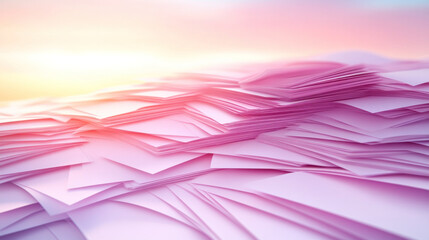 Poster - A pink and purple mountain with many pieces of paper scattered on it. The scattered pieces of paper create a sense of movement and energy
