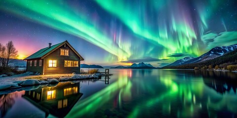 Poster - Lakeside cabin with stunning Aurora backdrop , lakeside, cabin, Aurora, Northern Lights, nature, tranquil, serene