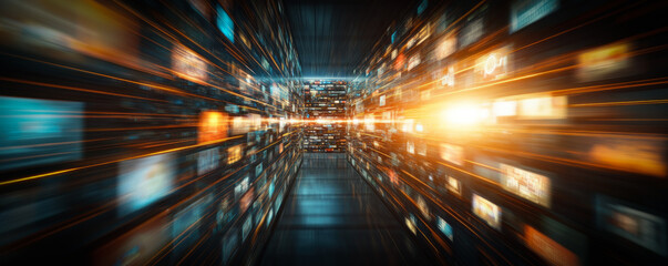 Poster - A blurry image of a tunnel with many pictures on the walls. The tunnel appears to be a virtual reality tunnel, with the pictures on the walls creating a sense of depth and immersion