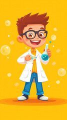 Poster - a cartoonish young man in a lab coat holding two beakers. he is smiling and he is happy