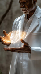 Poster - A man in a white lab coat holding a glowing object. Concept of wonder and curiosity as the man holds the glowing object in his hand
