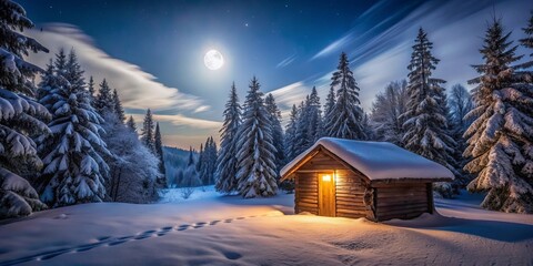 Poster - Small hut in winter forest illuminated by moonlight , tranquil, snowy, cold, isolated, serene, cabin, woods, trees