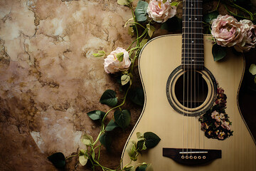 Ukulele with dry flower on wood background