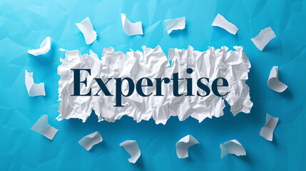 Poster - Expertise word on crumpled paper surrounded by paper bits, set against a blue backdrop
