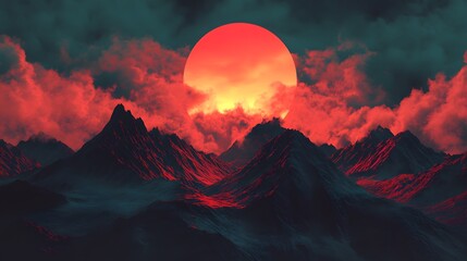 Canvas Print - Red Sunset Over Mountains.