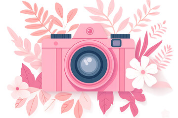 Watercolor retro vintage camera floral illustration. photography logo with flowers and plants. 