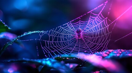 Futuristic Web, Spider and web with bright neon colors, Modern Nature Design.