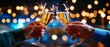 © PUTTER-ART - Toasting Champagne, Clinking glasses festive lights, Celebration cheers.