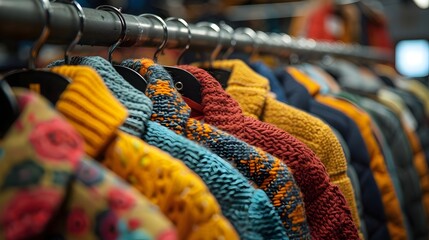 A rack of clothes with a variety of colors and patterns