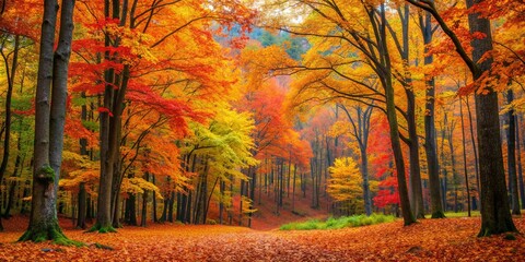 Poster - Vibrant autumn leaves changing colors in a peaceful forest , fall, foliage, seasonal, nature, trees, colorful, orange, red