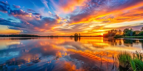 Sticker - Vibrant sunset over tranquil lake, sunset, lake, reflection, water, evening, dusk, colors, nature, peaceful, sky, beauty, horizon