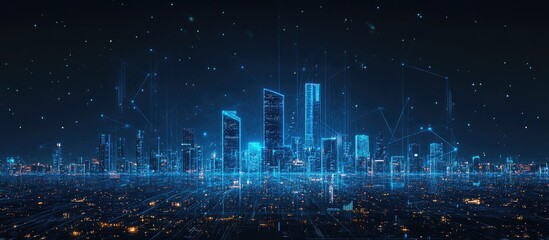 Poster - Futuristic digital cityscape at night featuring blue light wireframe technology highlighting an urban skyline against a dark background