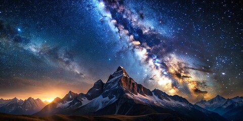 Wall Mural - Night view of a majestic mountain surrounded by the universe, milky way galaxy, and millions of stars in the sky, Nature, Mountain