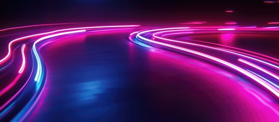 Poster - Vibrant 3D Render of Neon Light Trails on Dark Background Abstract Motion Curve Representing Speed and Technology