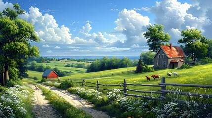 A wallpaper of a serene farm landscape with cows and chickens peacefully coexisting in the fields 