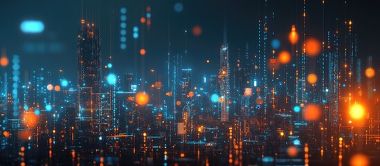 Poster - Illuminated urban landscape at night featuring vibrant virtual data structures including graphs and interface elements Conceptual depiction of technology seamlessly integrated into city life 3D re