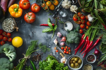 Canvas Print - Freshly harvested vegetables and spices are artfully arranged on a dark background, creating a vibrant and appetizing still life