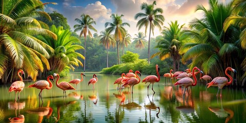 Wall Mural - Tropical paradise scene with vibrant pink flamingos surrounded by lush palm trees , Flamingo, palm tree, tropical, vibrant