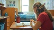 © Nathaphat - Reflective Student Writing in Journal About First Day in Cozy Dorm Room