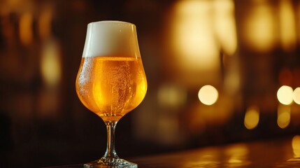 Poster - Beer in a glass, golden in color, with a frothy head, softly illuminated by warm light for a cozy feel.