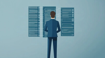 Poster - A man in a suit is looking at a computer screen with three monitors. Concept of focus and concentration as the man works on his computer. The blue suit and the computer screen create a professional