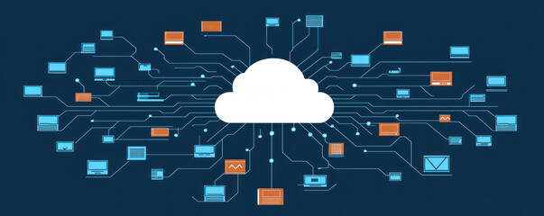 Poster - A computer network with many devices connected to a cloud