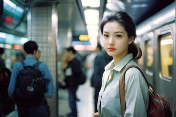 Wall Mural - A woman is standing on a subway platform with a brown purse