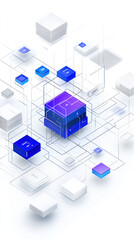 Poster - A computer network is shown in a complex web of blue and white cubes. The cubes are connected to each other in a way that resembles a spider web. Concept of a complex and intricate system