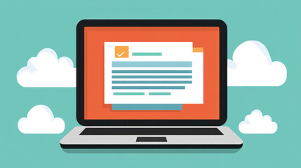 Poster - A laptop screen with a document open and a check mark on it. The document is titled 