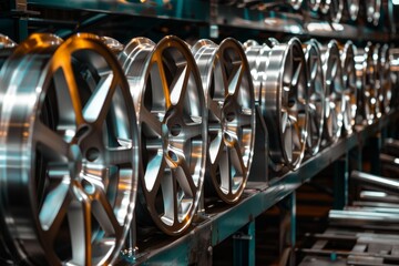 Poster - Shiny new car alloy rims are waiting on a rack in a modern automobile parts factory