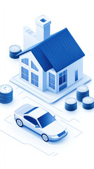 Poster - A house with a car in front of it and a pile of coins next to it. The house is blue and white