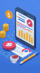 Poster - A tablet with a check on it and a bunch of coins and a pen. The tablet is on a blue background