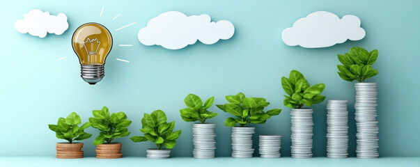 Poster - A series of potted plants are lined up next to a stack of coins. The plants are growing and the coins are stacked in a pyramid shape. Concept of growth and prosperity