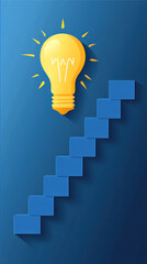 Poster - A light bulb is lit up on a blue background with a staircase in the background