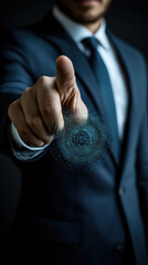 Poster - A man in a suit is pointing at a blue circle on a screen. Concept of importance and focus, as the man is dressed in a suit and tie and is directing attention to the blue circle