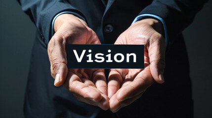 Aufkleber - Businessman holds a black sign with the word vision on it