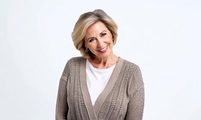 Poster - Group portrait video of a satisfied woman in her 50s that is wearing a chic cardigan against a white background