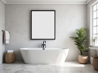 Wall Mural - blank poster frame, rustic villa bathroom interior background, Off-White wall background