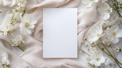 Mockup of a wedding invitation card with floral decorations and blank space