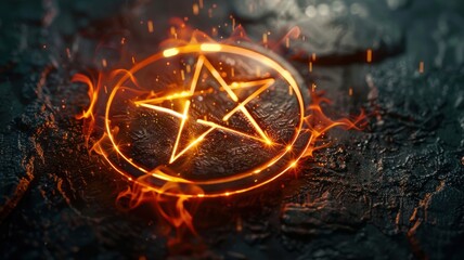 Photo of a glowing pentagram with mystical symbols on a dark background creating mystery