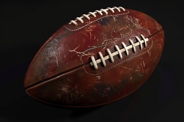 Old, worn leather football with its laces showing sits on a black background