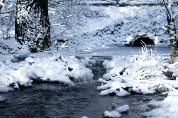 A peaceful winter river flows through a snowy landscape with chunks of ice floating on its surface. This image encapsulates the quiet and chilly essence of nature during the cold season.