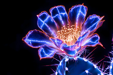 Wall Mural - Neon silhouette of prickly pear flower isotated on black background.